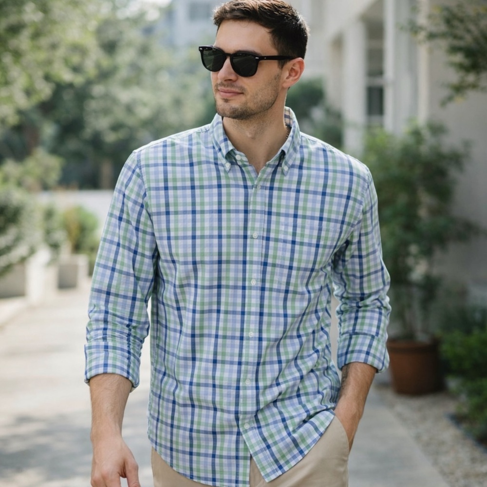 Club Room Plaid Button Down Shirt‎ Cotton Blue Green Regular Fit